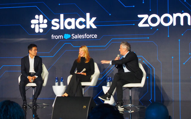 Slack CEOのDenise Dresser氏（中央）と「Zoom」を提供するZoom Video Communications 創業者 CEOのEric Yuan氏（左）がゲストで登壇し、Levie氏と鼎談（ていだん）を行った。各社ともAIエージェント機能の提供を本格的に開始し、それぞれのAIエージェントが協調動作してワークフローを自動化していくという方向性を示した。